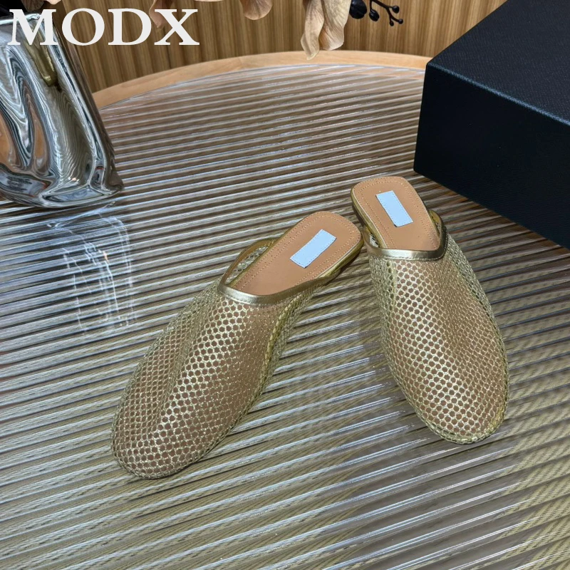 French High Quality Niche Slippers Brand New Mesh Sheepskin Closed Toe Flat Half Slippers Hollow Women\'s Summer Outdoor Sandals