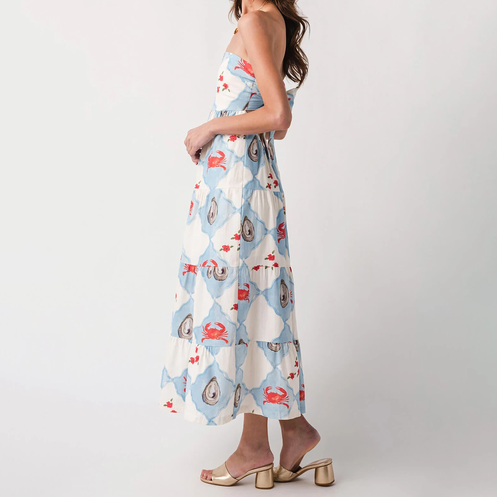 ผู้หญิงฤดูร้อนสไตล์ชายหาดแขนกุด Vestidos ชุดดอกไม้กุ้งก้ามกรามพิมพ์กลับ Bowknot Strapless Flowy ชุดยาว