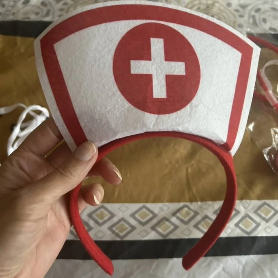3-piece nurse uniform set - headband / stethoscope / bow, with floral print in PVC material, suitable for role-playing and Hallo