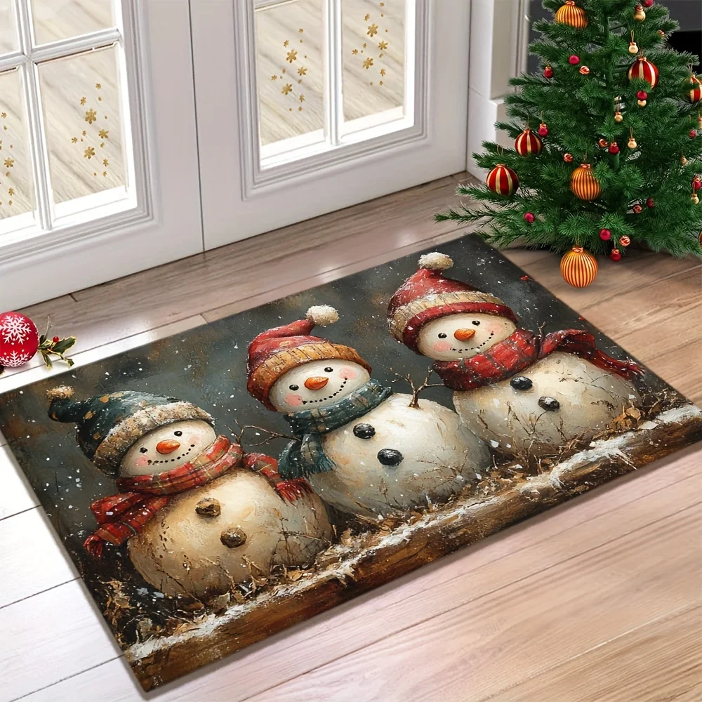 

VIKAMA Christmas Carpet Round Snowman Floor Mat Doormat Welcome Mat Living Room Carpet Bedroom Carpet Washable Home Decor