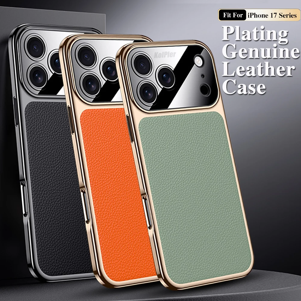 

Original Leather Case For iPhone 17 PRO MAX Plating Genuine cowhide Lichee Pattern Lens Protection Shockproof Hard Phone Cover