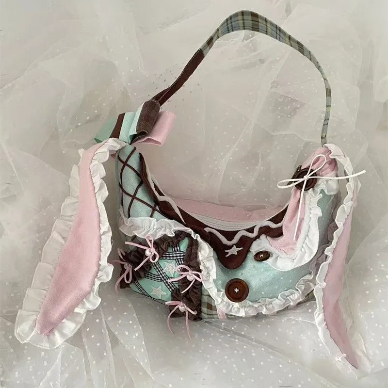 

JIAERDI Sweet Cute Lace Rabbit Y2k Handbag Women Harajuku Green Canvas Shoulder Bags Purses Female Shoulder Hobos Bag Aesthetic