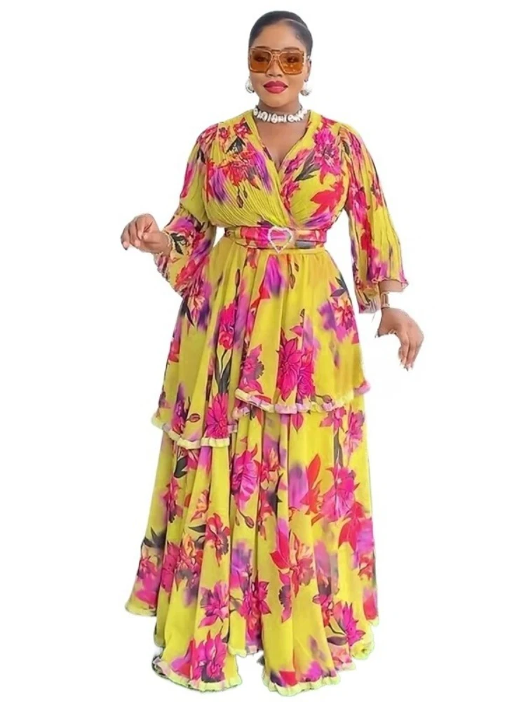 

V-Neck African Print Dresses Autumn Elegant African 3/4 Sleeve Party Evening Long Maxi Dress Gowns Dashiki African Clothes