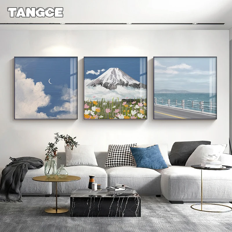 Nordic Fuji Mountain Sea Rosy Clouds Posters Prints Abstract Canvas Art Paintings Living Room Decor Minimalist Wall Art Pictures