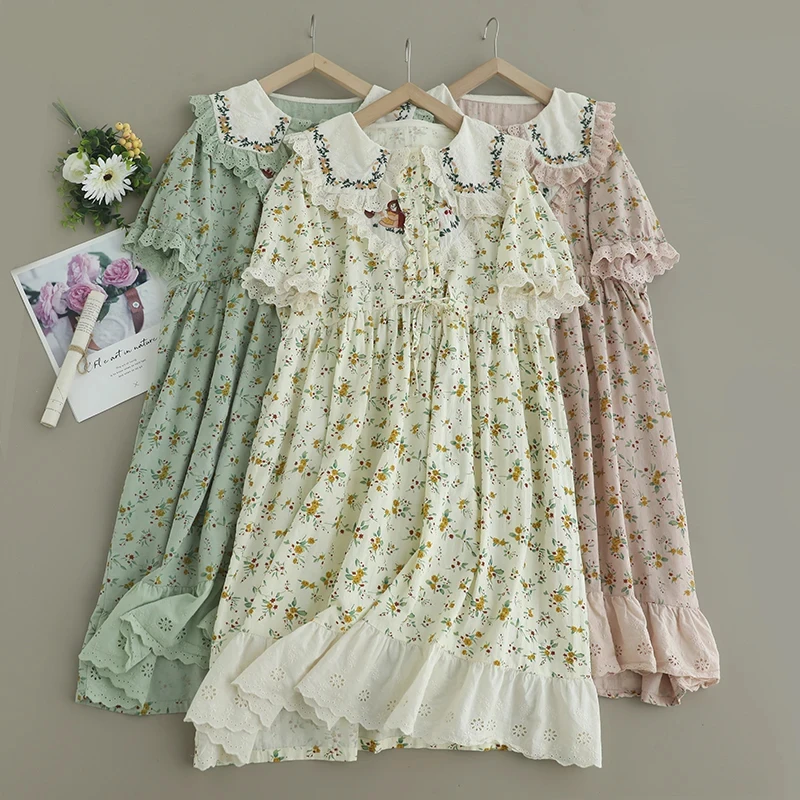 

Summer Sweet Japanese Style Vintage Floral Embroidered Dress Women Short Sleeve Drawstring Waist Casual Cotton Midi Dresses