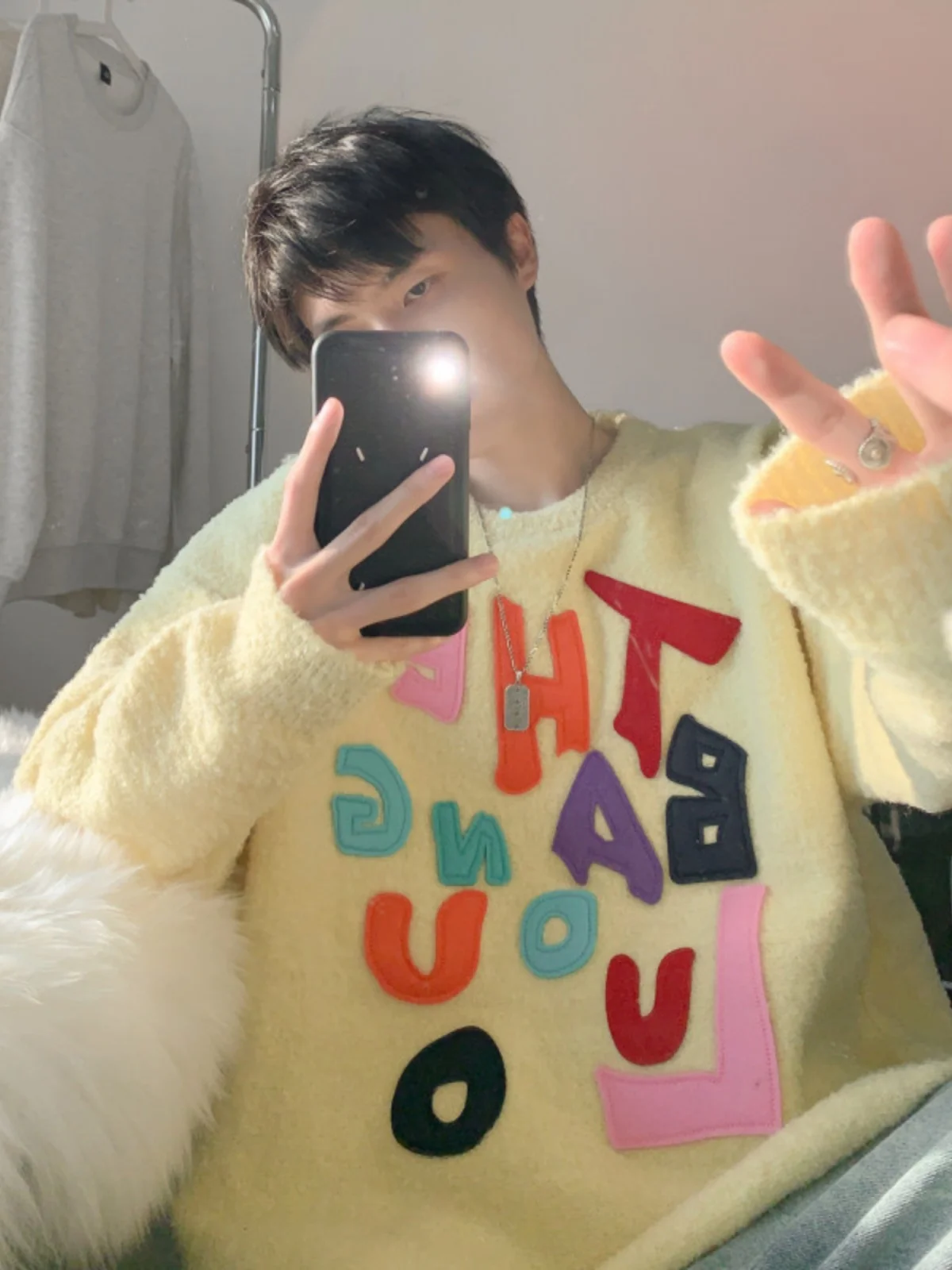 

Желтый вязаный свитер с вышивкой, мужской, оверсайз, в американском стиле, для пар, мягкий и удобный