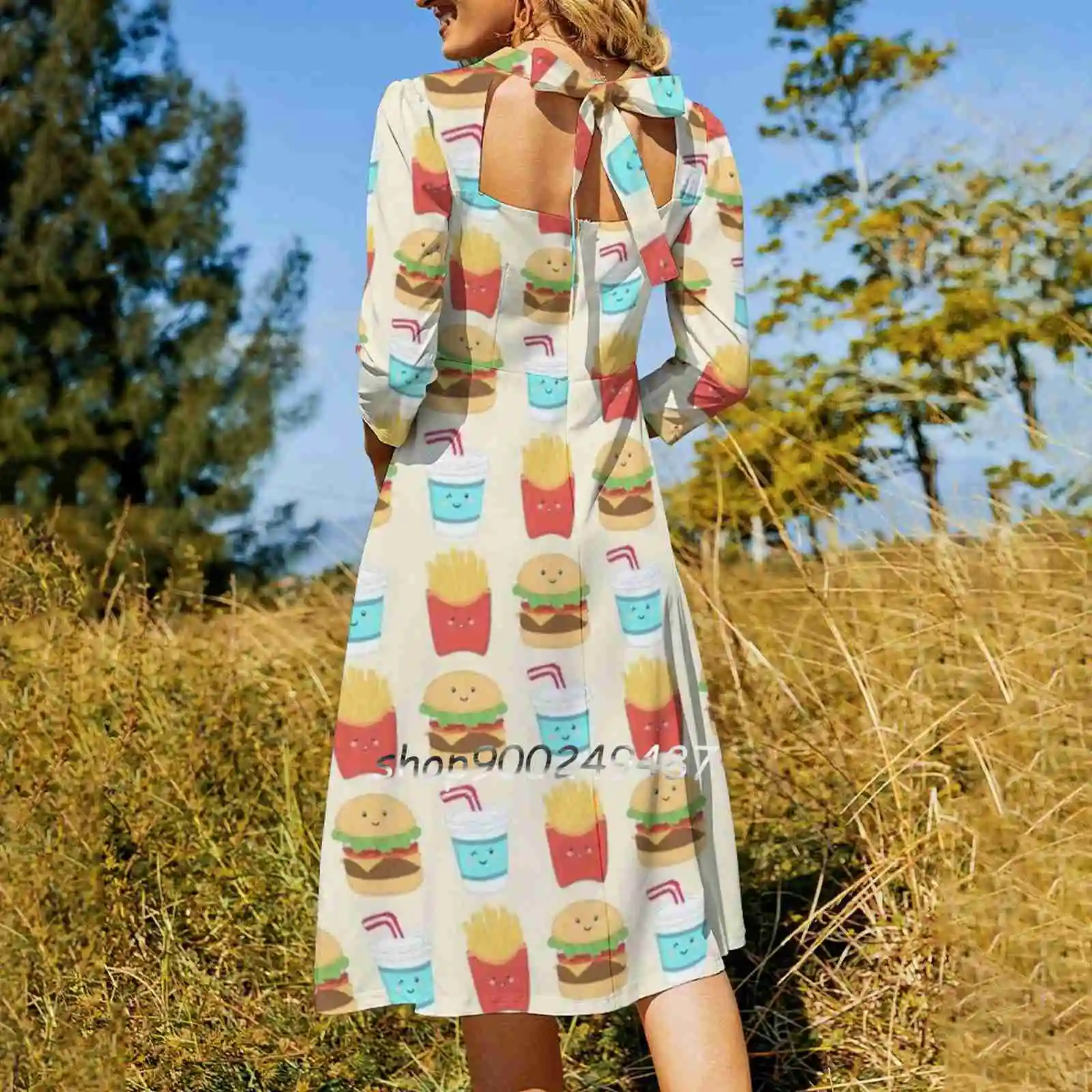 Burger Buddies Repeating Pattern Sweet Elegant Dress Women Korean Kawaii Square Collar Dress Food Takeout Cute Burger Hamburger