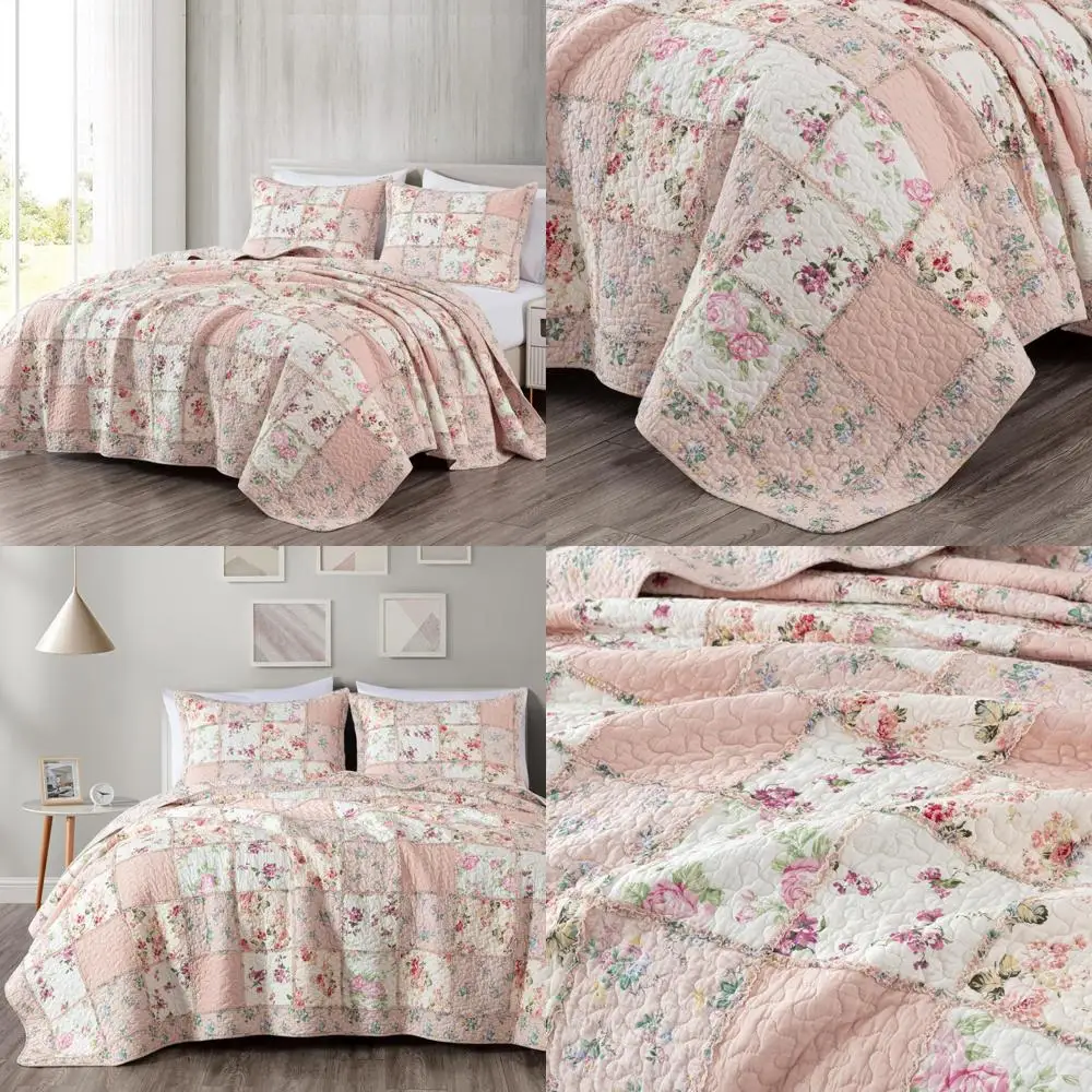 

King Size Pink Shabby Chic Cotton Bedding Set with Floral Quilt and Ruffled Pillowcases