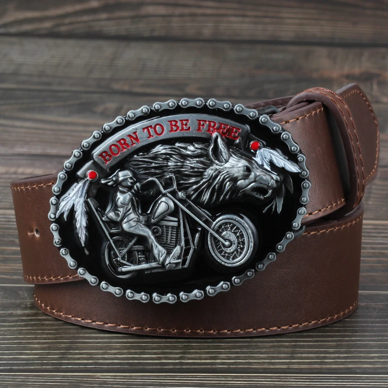 Cinturón decorativo de moda para hombre, hebilla de motocicleta y Lobo, estilo occidental