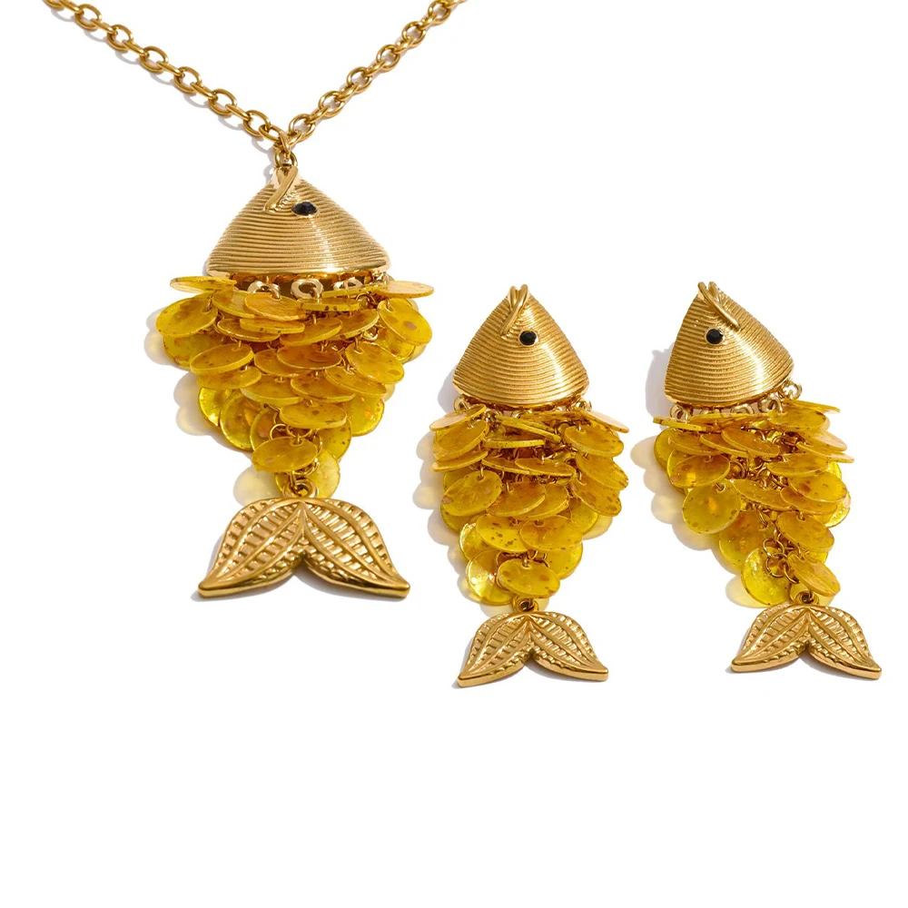 Yhpup Ocean Style Colorful Shell Fish Drop Necklace Earrings Set Stainless Steel Exclusive Handmade Gold Color Jewelry image 3