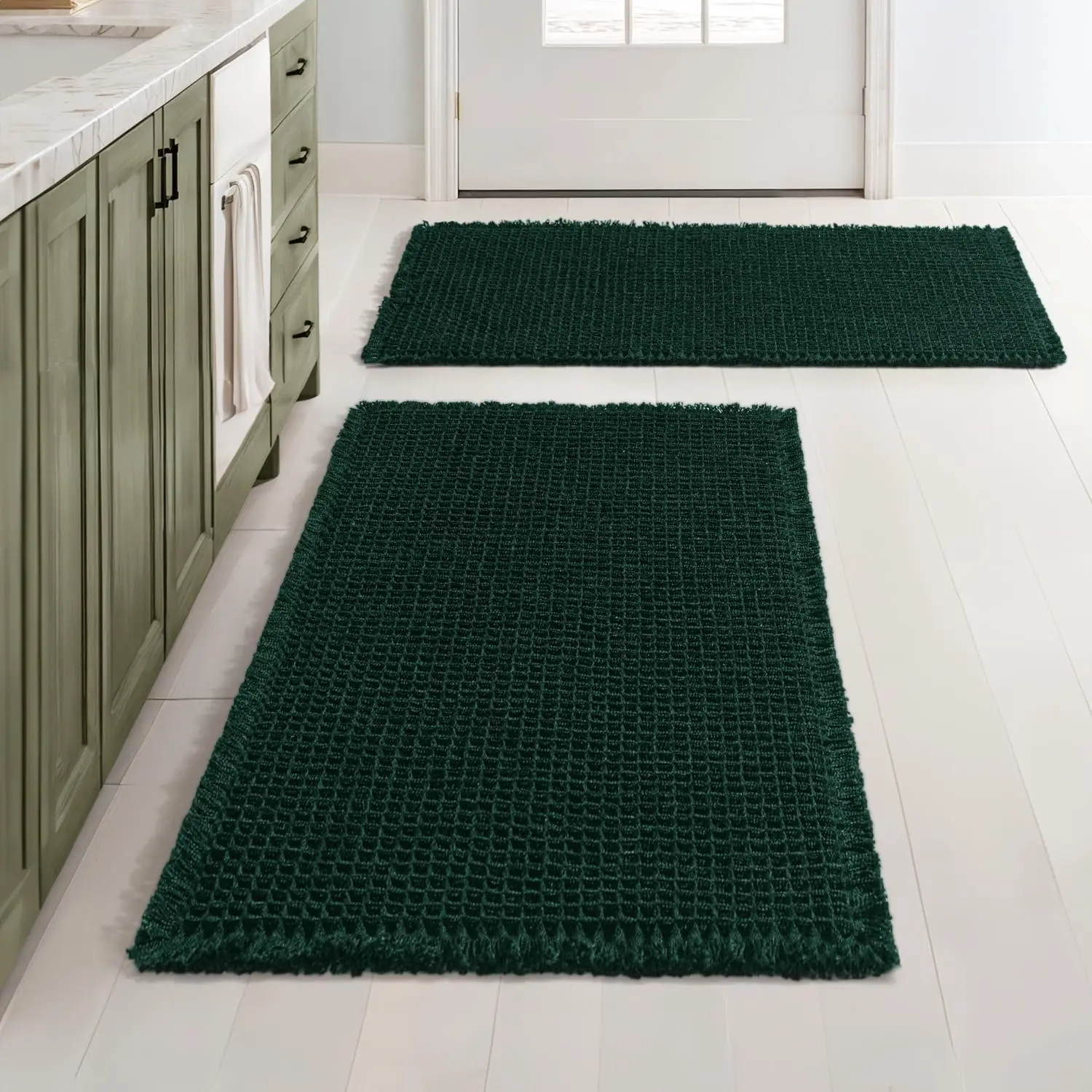 

Dark Green Set of 2 Waffle Bathroom Rugs, Boho Bath Rugs Non Slip Washable, Super Absorbent Bath Mats, Ultra Soft Rubbe