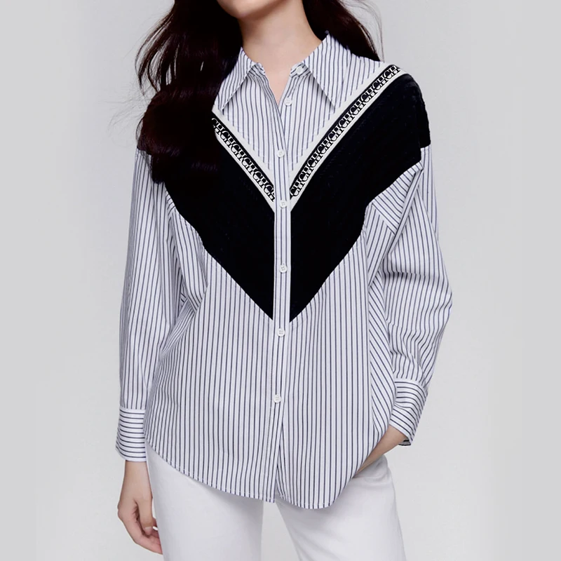 2024 Women\'s Shirt High-End Elegant Commuting Office Women\'s Shirt with Patchwork Stripes Loose Casual Ladies Fashion Shirts