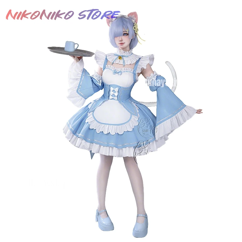 

XS-2XL Re: Zero Starting Life in Another World Rem Cosplay Costume Bule French Maid Dress Halloween Disguise for Adult Women