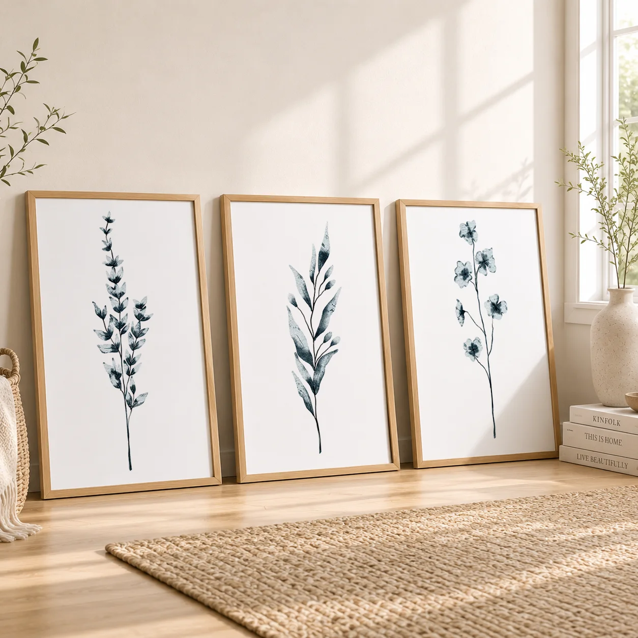Green Plant Leaf Wall Art, Nordic Botanical Canvas Painting | Minimalist Poster Print for Living Room Bedroom Decor
