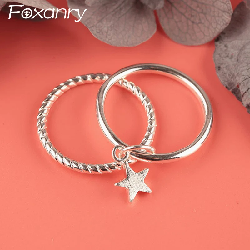 Foxanry Double-layered Scrub Star Pendant Rings For Women Couple Creative Design Minimalist Trendy Elegant Birthday Jewelry Gift