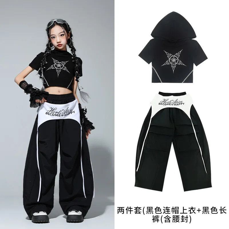 طفل Kpop الهيب هوب الملابس حزام أسود المحاصيل الأعلى تي شيرت رمادي عادية واسعة حزام المظلة السراويل لفتاة الجاز ملابس رقص الملابس