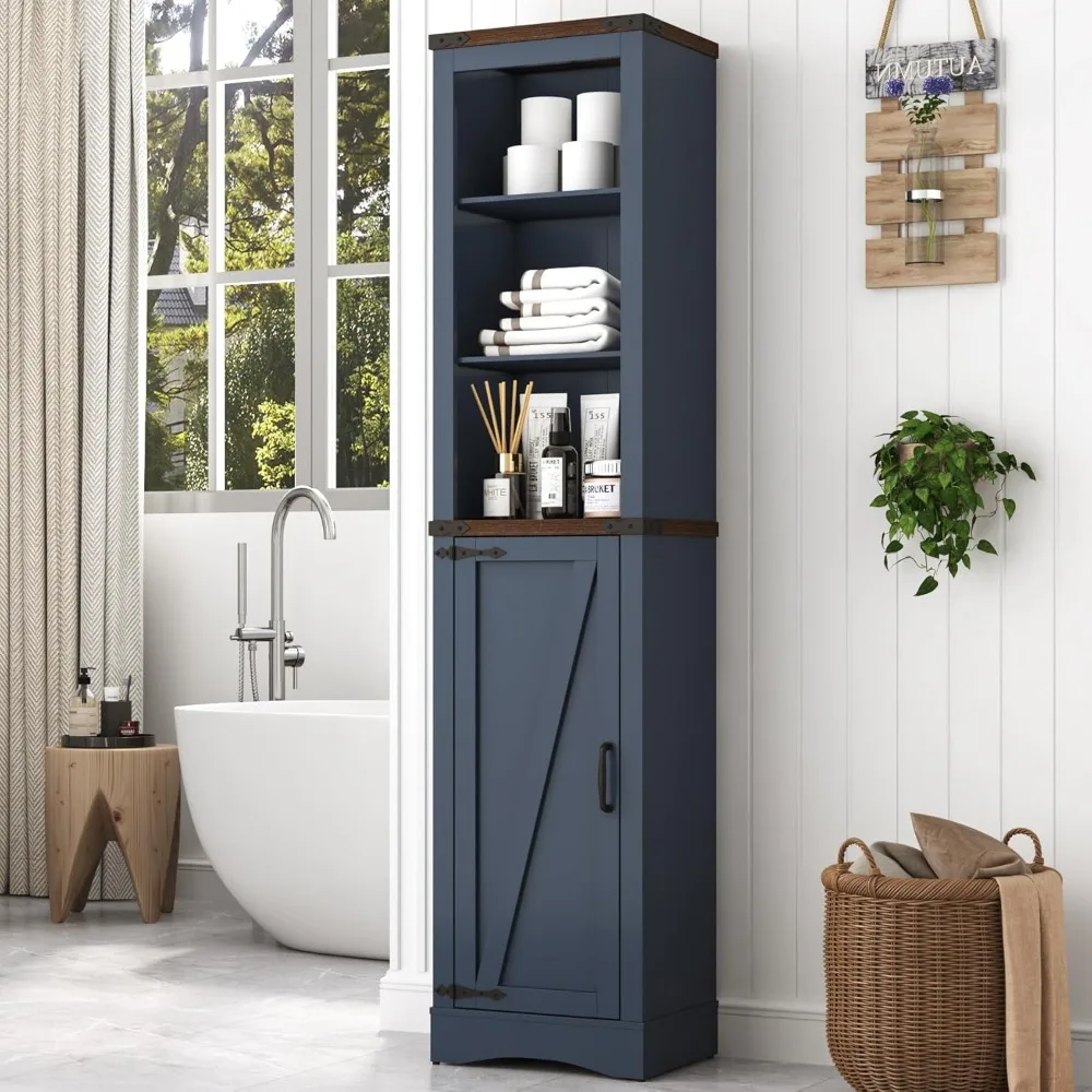 

68 Tall Farmhouse Bathroom Storage Cabinet, 5-Shelf Storage Cabinet with Barn Door&Adjustable Shelves, Navy Blue