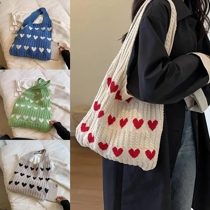 Love Heart Graphic Knitted Tote Bag Fashion Woven Shoulder Bag Aesthetic Crochet Bag For Women