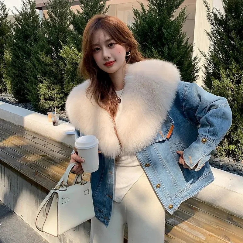 Korean Big Fur Collar Thick Denim Jacket Women's Short Denim Pie Overcomes Loose Warm Jeans Jacket 2023 New Winter