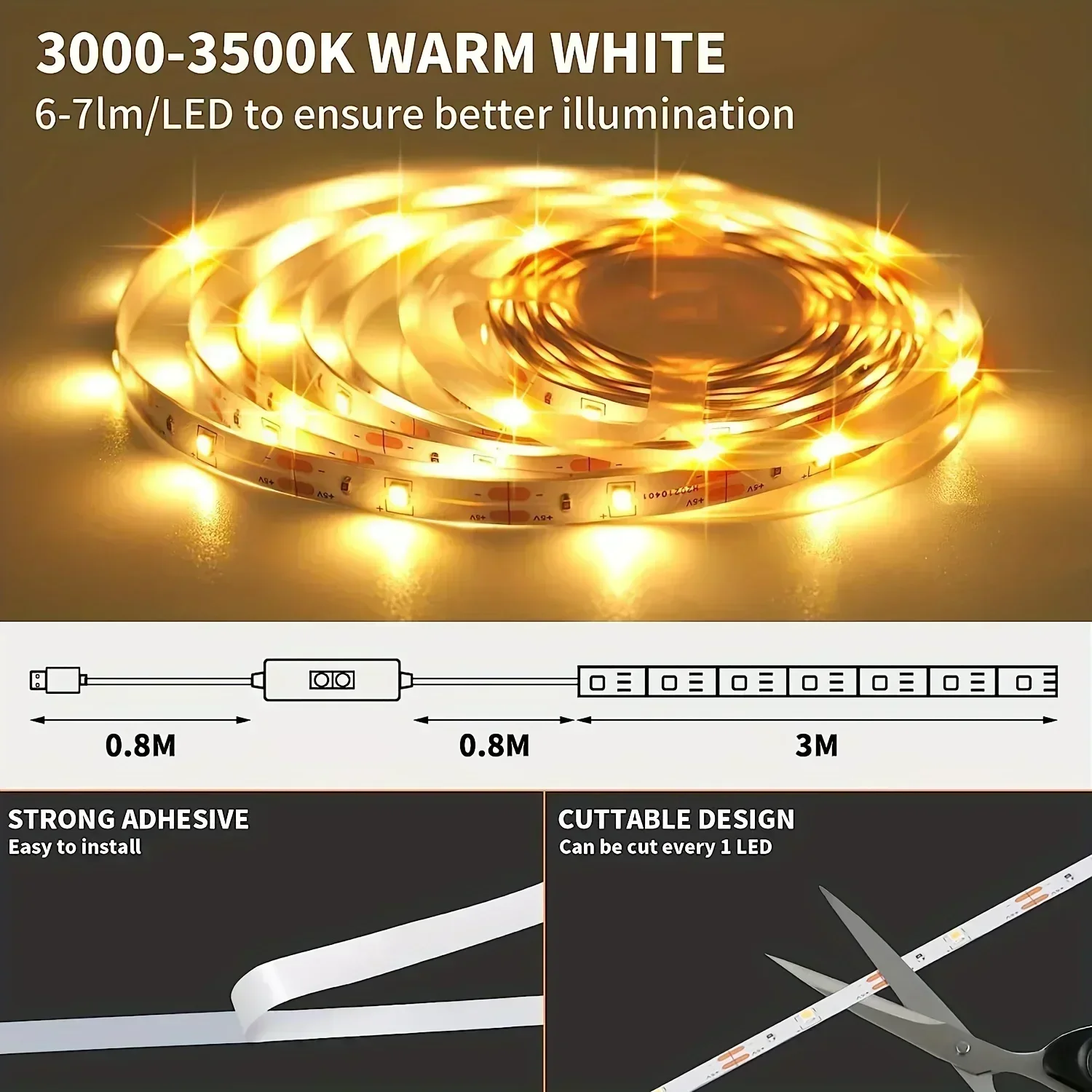 Tira de luces LED USB, cinta Flexible de 5V con interruptor de Sensor táctil/manual regulable para espejo, tocador, gabinete, escalera, iluminación de cocina