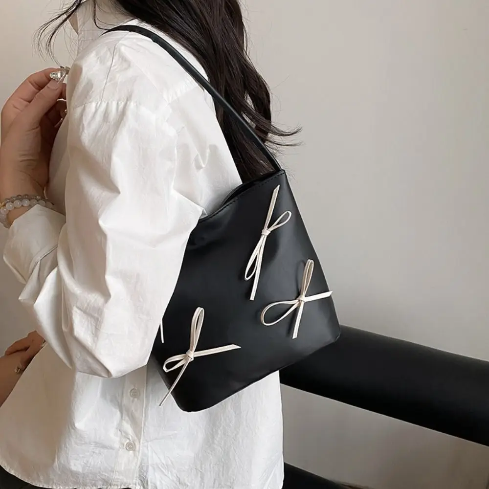 

Simple Elegant Bow Bucket Bag Casual PU Leather Bow Square Bag Leisure Y2k Sweet Women's Handbag Girls