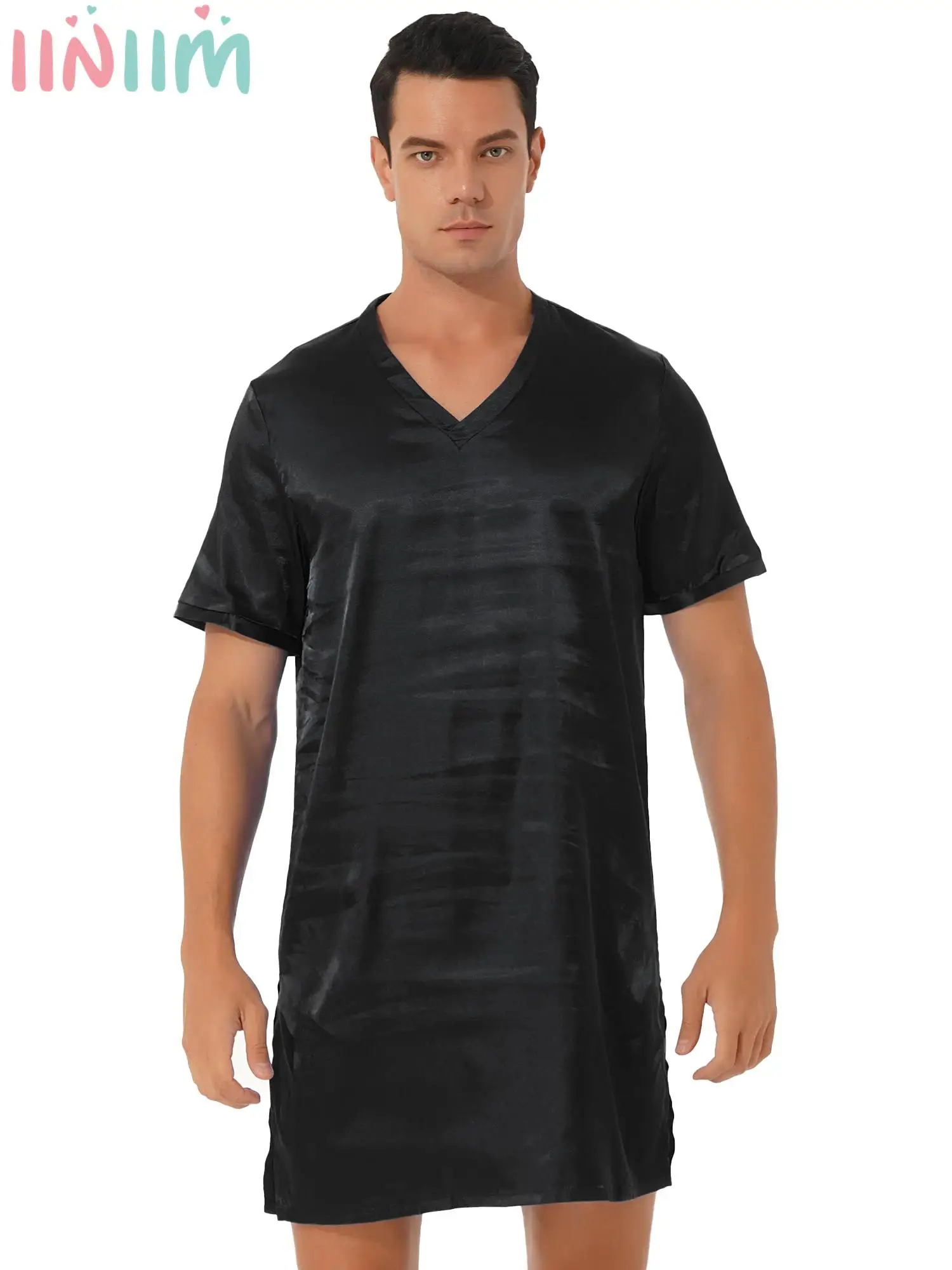 Men's Satin Nightgown V Neck Short Sleeve Sleepwear Homewear Sides Split Pajama Tops Longe Silky Nightwear Solid Nightshirt