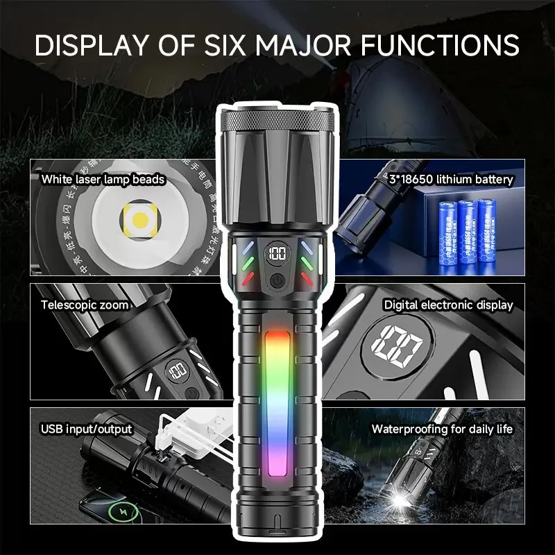 69000000LM Ultra Brightness Flashlight Built-in 6000mah 7 Colorful RGB Rechargeable LED Tactical Torch Outdoor Camping Hand Lamp
