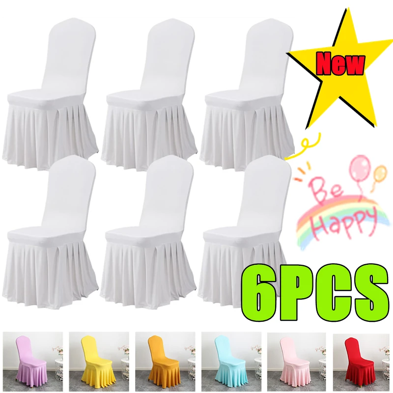 

New 6-1PC Wedding Chair Cover Party Decoration Spandex With Skirt Pleated Use Elastic Stretch Dining Birthday Hotel Banquet Gift