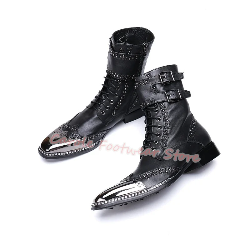 

Black Genuine Leather Rivet Belt Buckle Mid-Calf Boots for Men Metal Round Toe Chunky Heel Chelsea Boots Male Business Shoes