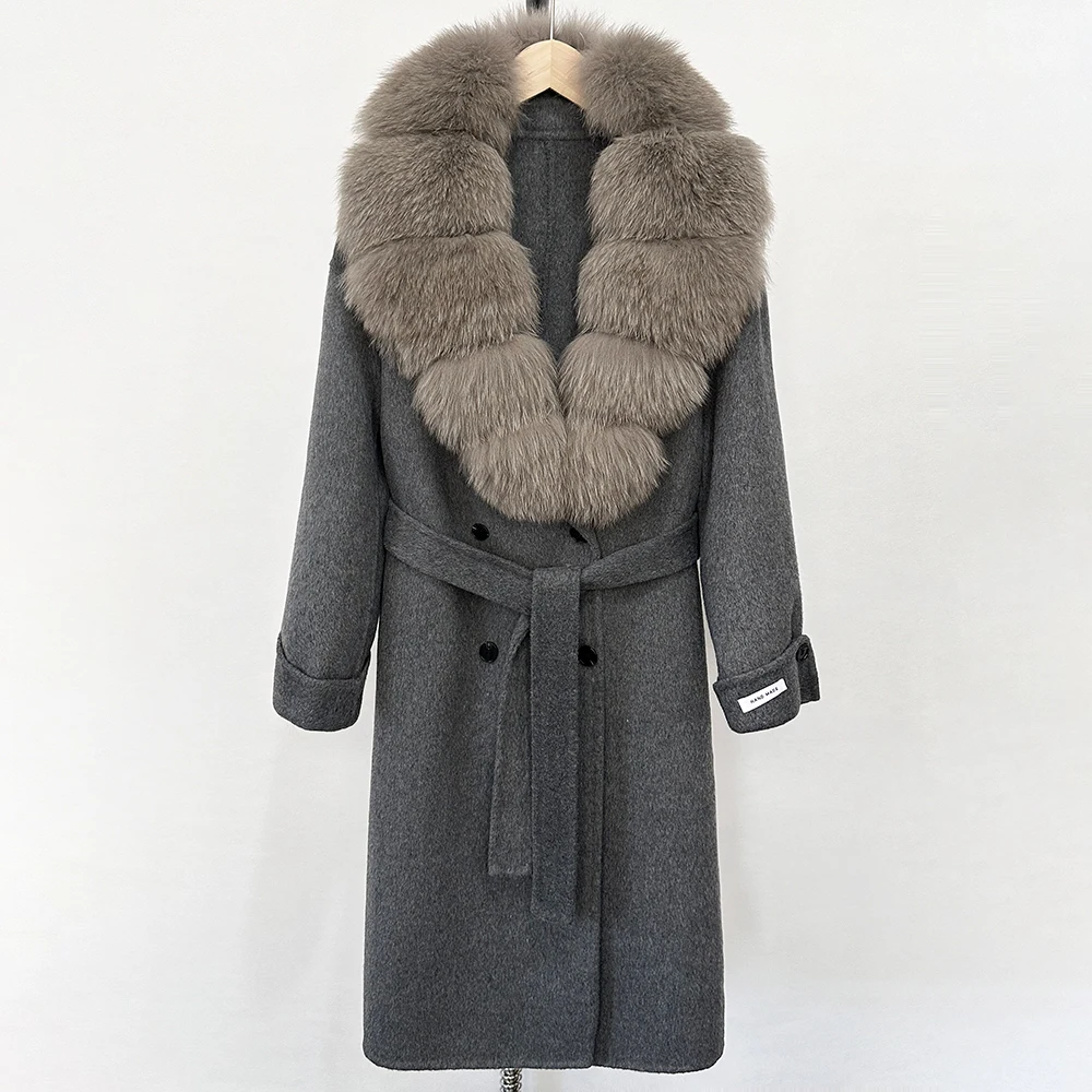 Réalité manteau de fourrure femmes automne naturel réel col de fourrure de renard veste ceinture vêtements d'extérieur amples vêtements d'extérieur décontracté Streetwear manteau de laine