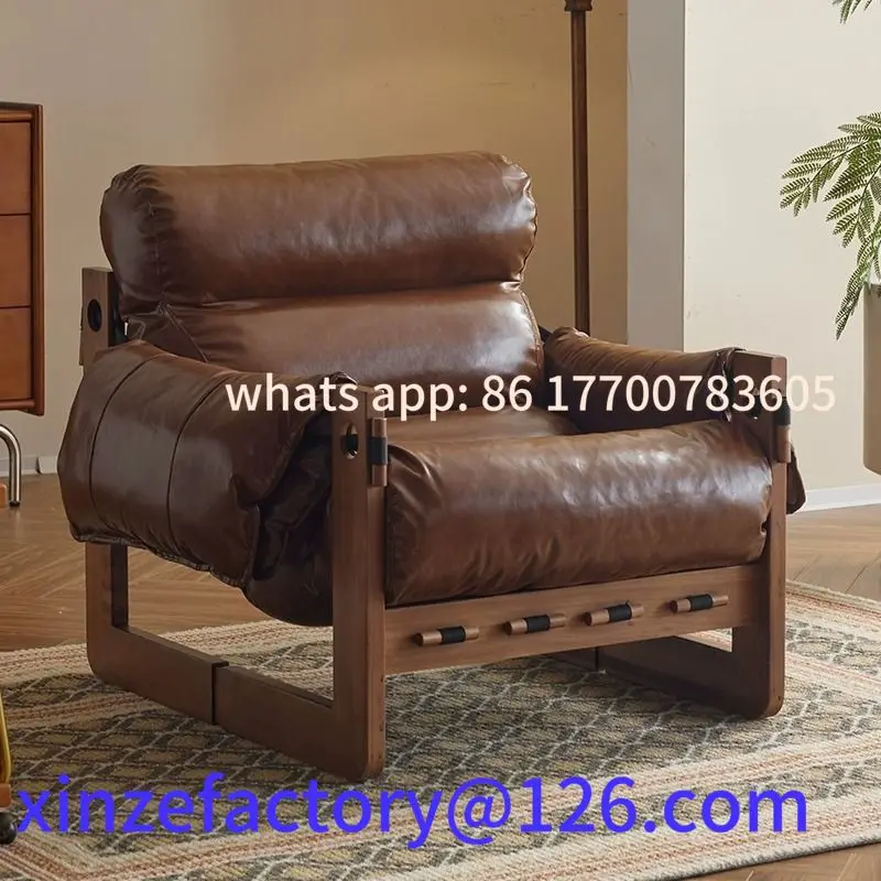 

Customizable Nordic single sofa chair antique solid wood retro designer home leisure bedroom leather Jersey