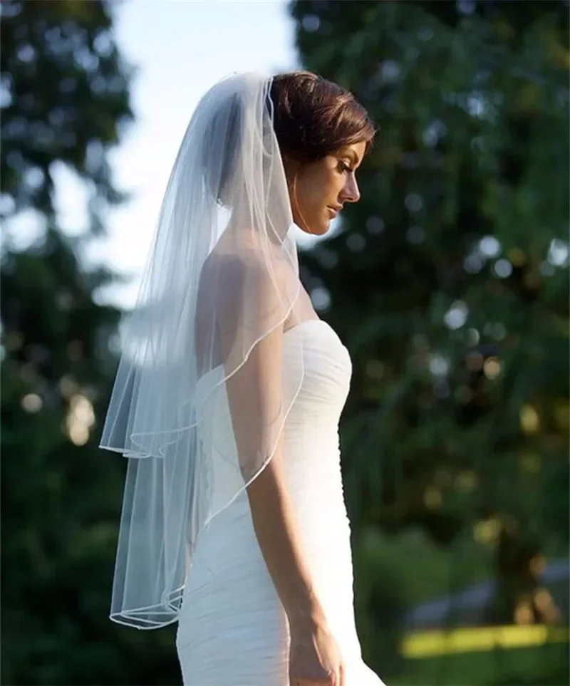 Two Layer With Comb Wedding Solid Color Soft Tulle Veil Short White Ivory Woman Bridal Veils Veu De Noiva Curto