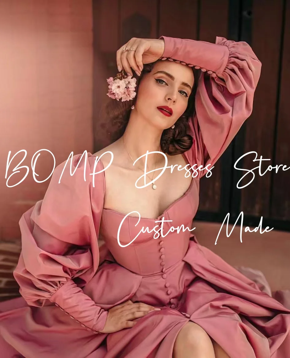 BOMP 빈티지 핑크 웨딩 파티 드레스 스위트하트 풀 슬리브 버튼 바닥 길이 새틴 가든 이브닝 생일 드레스 맞춤 제작