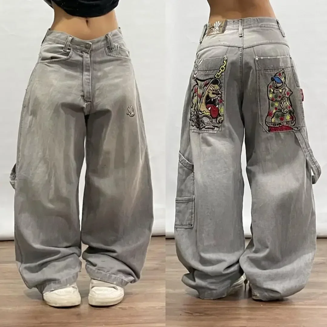 

American Vintage Gothic Print Jeans Women Y2K New Street Hip Hop Low Waist Mopping Wide Leg Pants Harajuku Casual Loose Trousers