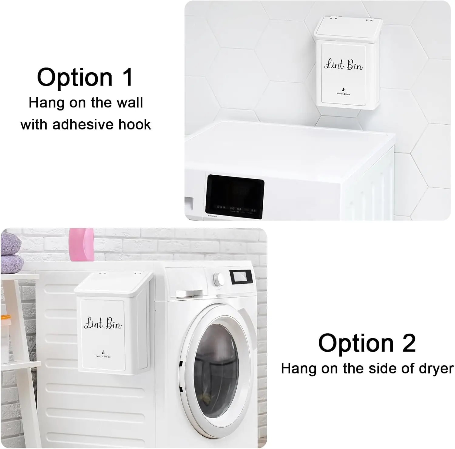 Magnetic Lint Bin for Laundry Room, Wall Mounted Metal Trash Can with Lid for Dryer, Lint Basket for Organization, White - view 4