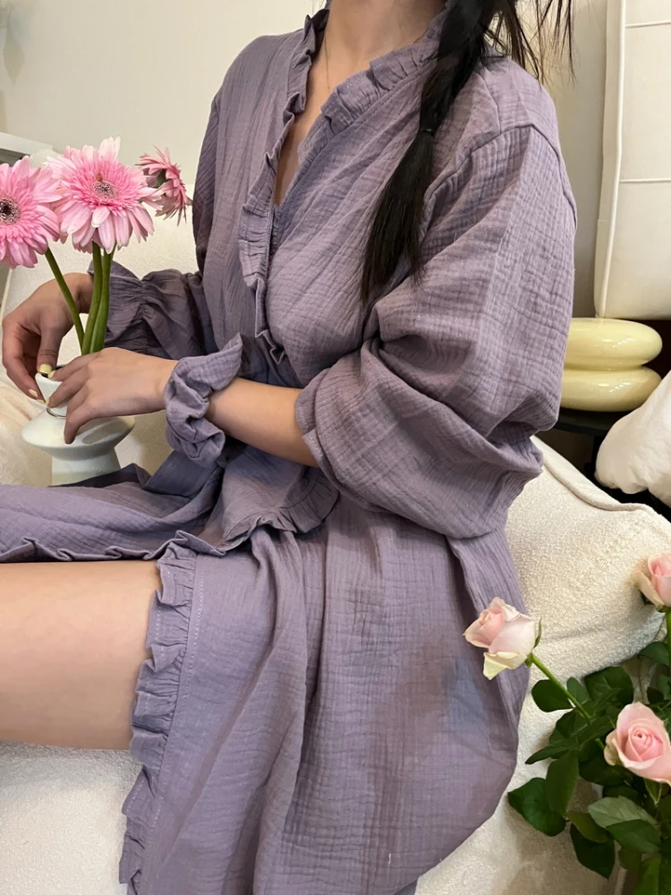 Robes Women V-neck Ruffles 4 Colors Fashion Sexy Sleepwear Simple Sleepwear Midi Nightdress Bathrobe Comfortable Homewear Ins