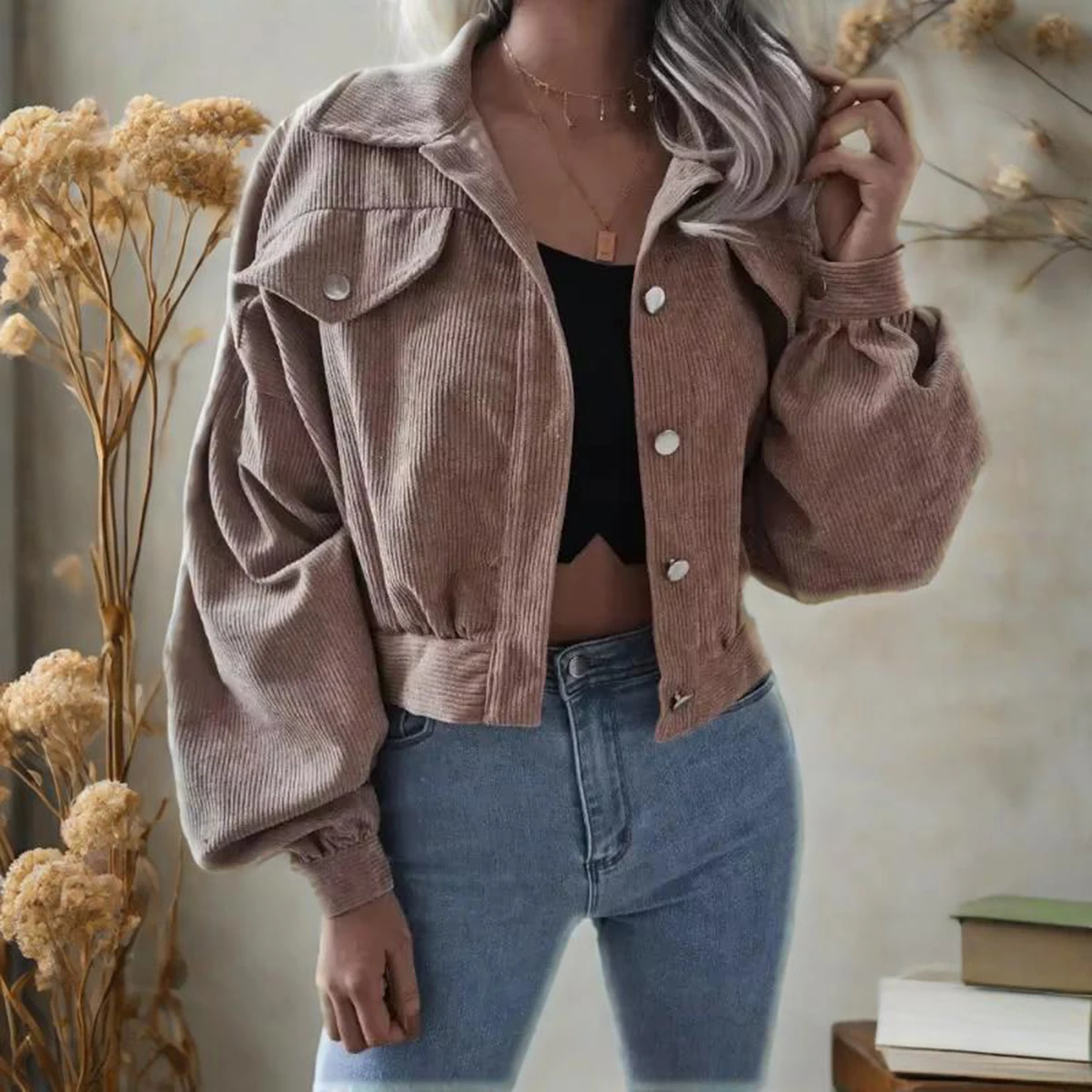 

Women's Winter Urban Casual Long Sleeve Corduroy Jacket Lantern Sleeve Warm Short Single Breasted Fashion Outerwear