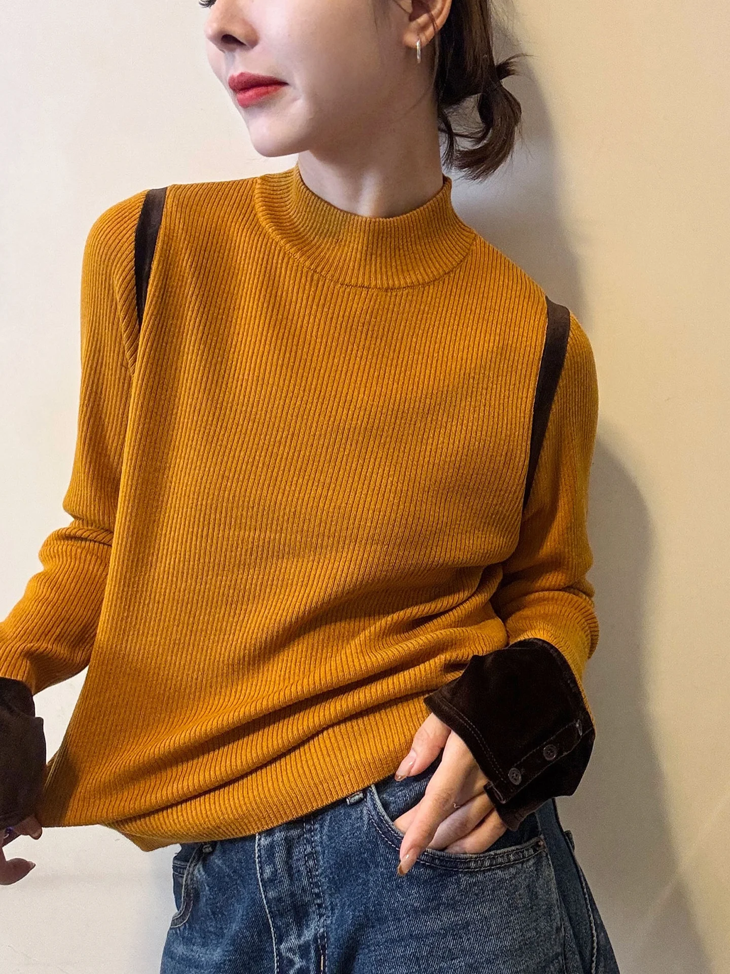 

Chic Long Sleeve Knitted Sweater Casual Comfortable Women's Winter Unique Overhead Base Shirt Warm Half High Collar Regular Fit