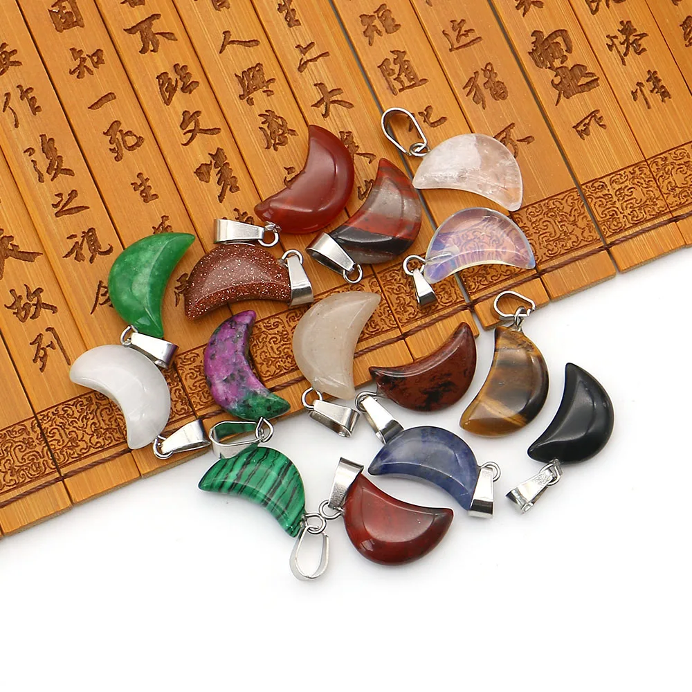 

Fashion Moon-Shaped Natural Stone Pendant 12x21mm Polished Red Agate Malachite Creative Necklace Earring Handmade Materials 5pcs