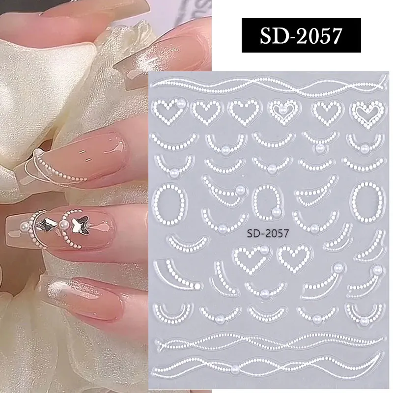 French Tips Heart 3D Nail Stickers Retro Wave Simple Line Rhinestone Pearl Adhesive Slider Manicure Glitter Nail Art Decoration