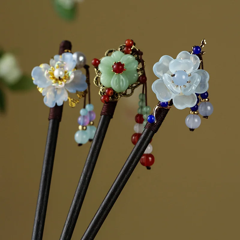 Gu Fengliu Su Bu Yao Hairpin Imitation Jade Camellia Black Sandalwood Hairpin Hanfu Qipao Coiled Hair Accessories Women