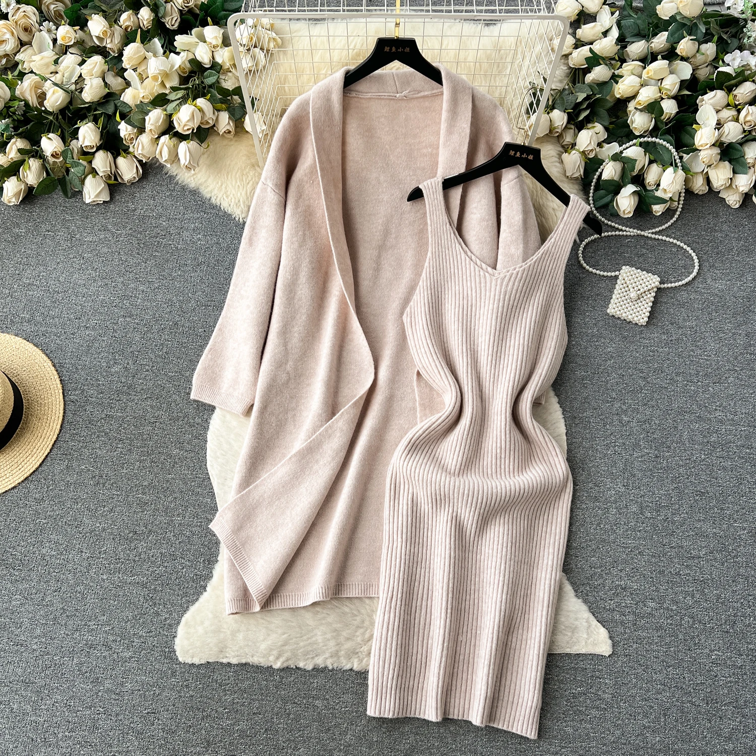 REALEFT Autumn Winter 2 Pieces Women\'s Sets Solid Knitted Tracksuit Cardigan Outwear and Tank Wrap Dress Suits 2024 New