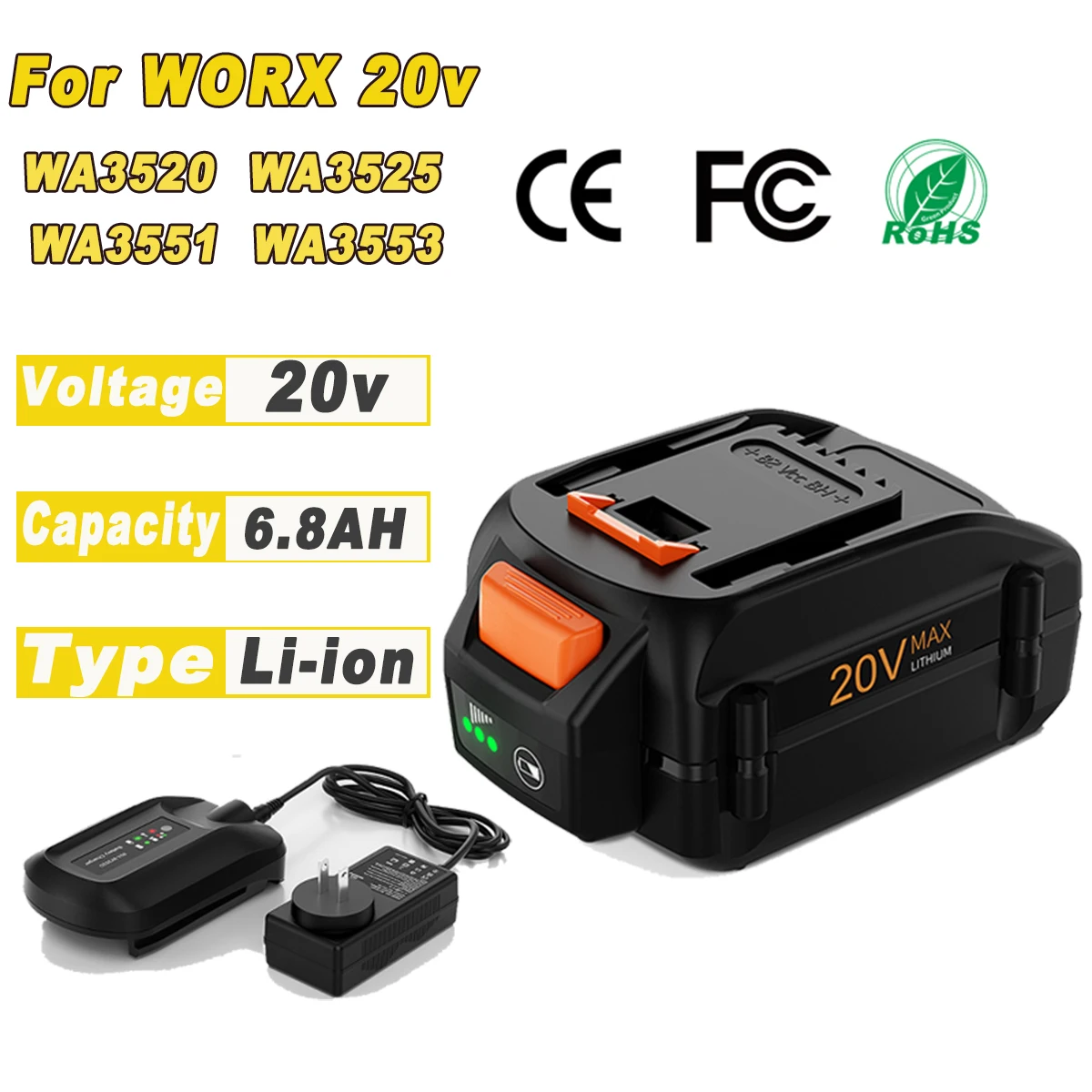 

Turpow 20V 6800mAh Replacement Battery For Worx WA3520/WA3525 20V Battery Power Tools WA3511 WA3512 WA3522 WA3575 Model Battery