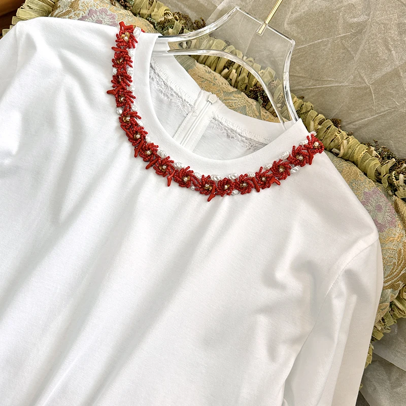 2024 Summer New Heavy Loose White T Women's French Fashion Elegant Beaded High-end Light Luxury Short Sleeve Fashion Tops