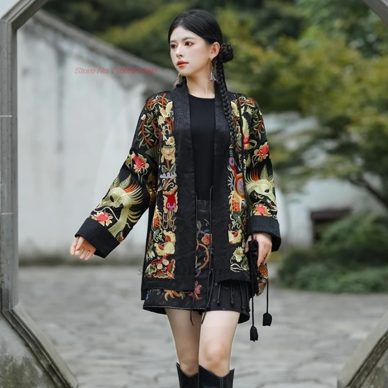 2024 traditional chinese vintage satin coat national flower embroidery v-neck cardigan oriental hanfu tops ethnic folk jacket