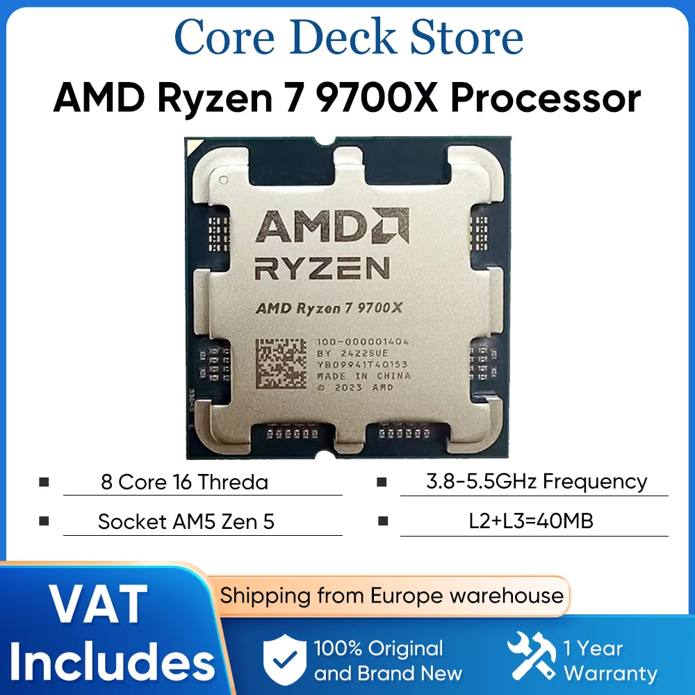 AMD Ryzen 7 9700X Prozessor 8-Kern/16-Thread 65W DTP 4Nm AM5 Sockel 32MB L3 Cache bis zu 5,5GHz PCIe 5.0 Ohne Lüfter R7 9700X CPU