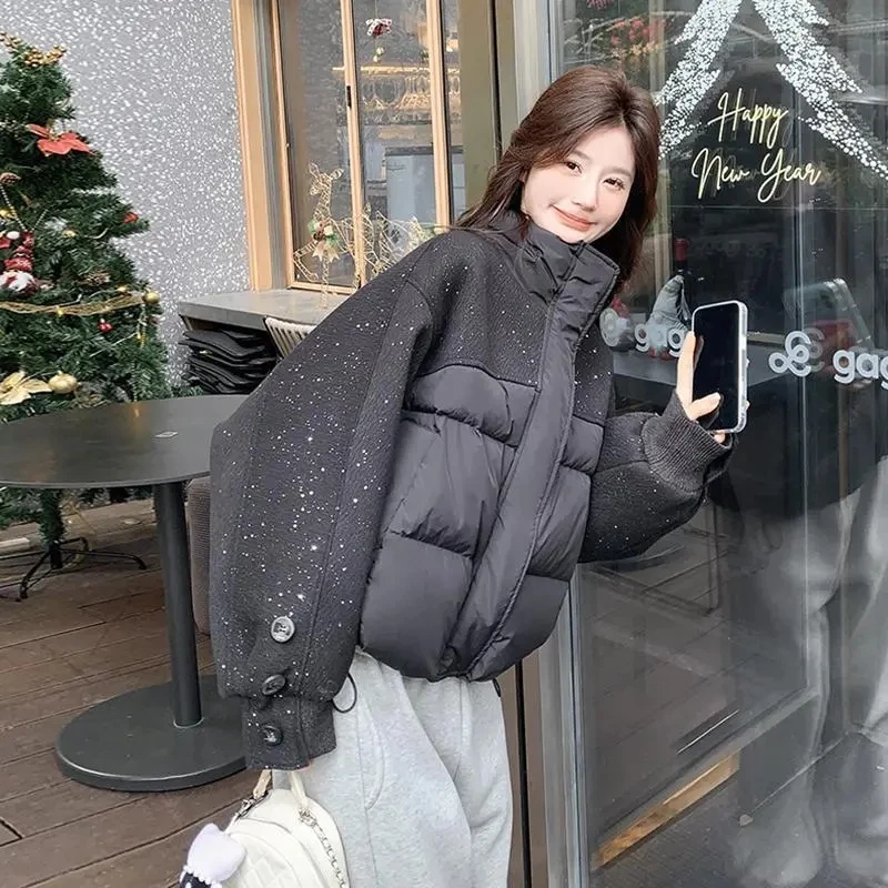 2026 Fashion Spliced Contrast Color Sequins Parkas Women's Winter Woolen Patchwork Cotton-padded Jackets Stand-up Collar Coats