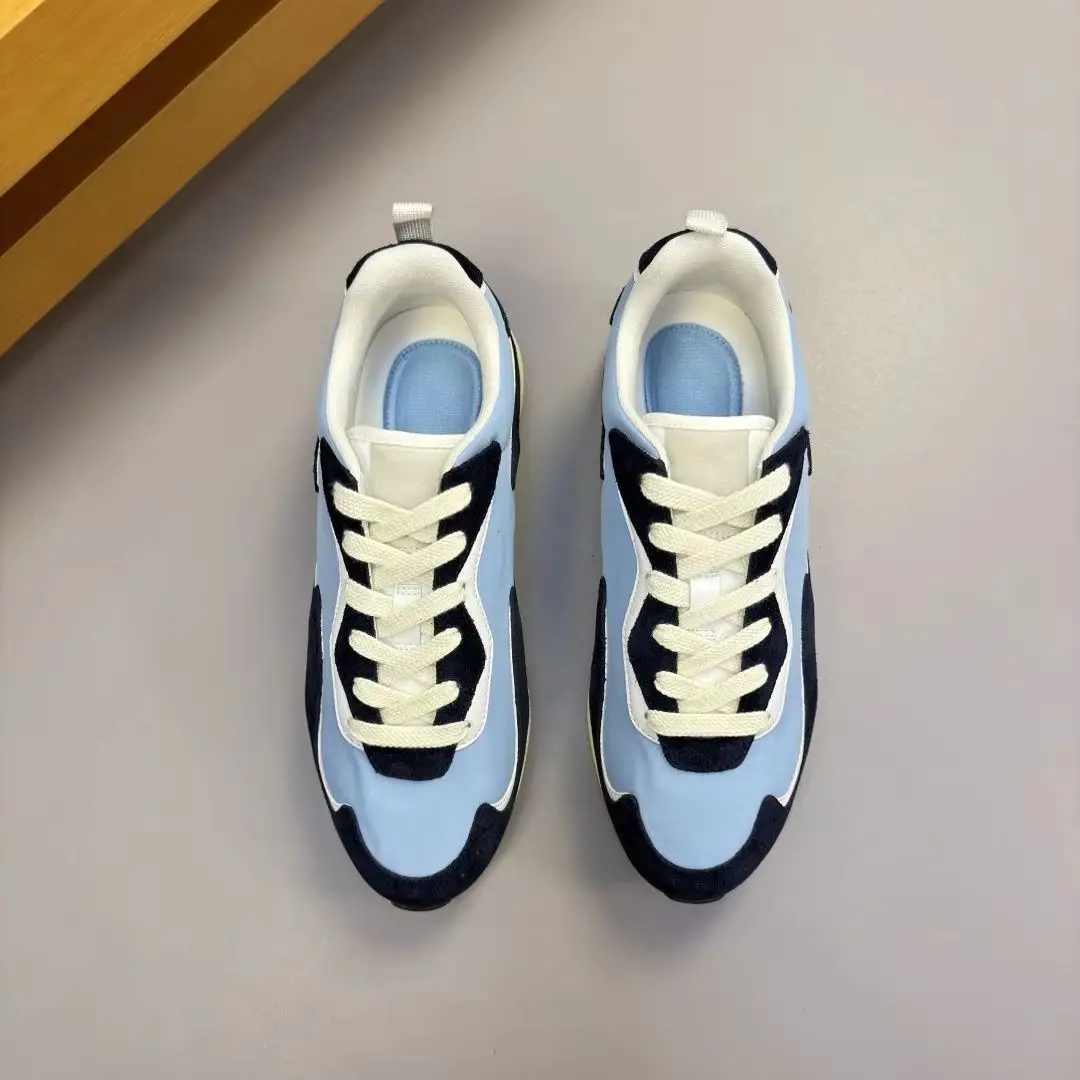 Unisex Light Blue Navy Patchwork Sneakers Lace Up Flat Retro Casual Walking Trainers