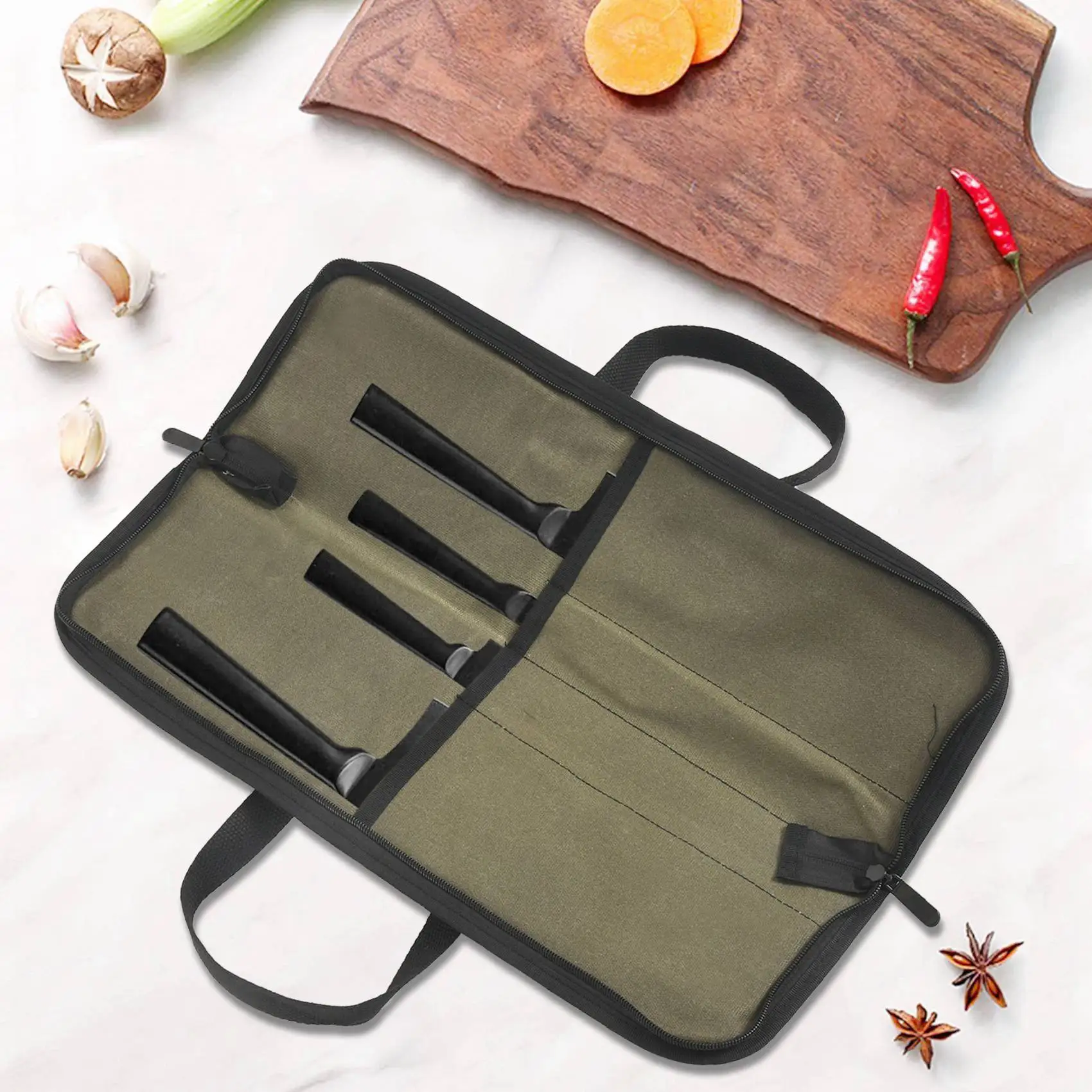 F-3C Knife Bag(4 Slots), Chef Knife Case Waxed Canvas Roll Storage Knife Carrying Pouch for Men&Women Green