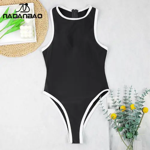 Imagen 2 del producto Nadanbao-Bikini de una pieza con cuello alto para mujer, traje de baño con cremallera, pelele blanco y negro, Bikini para playa y piscina